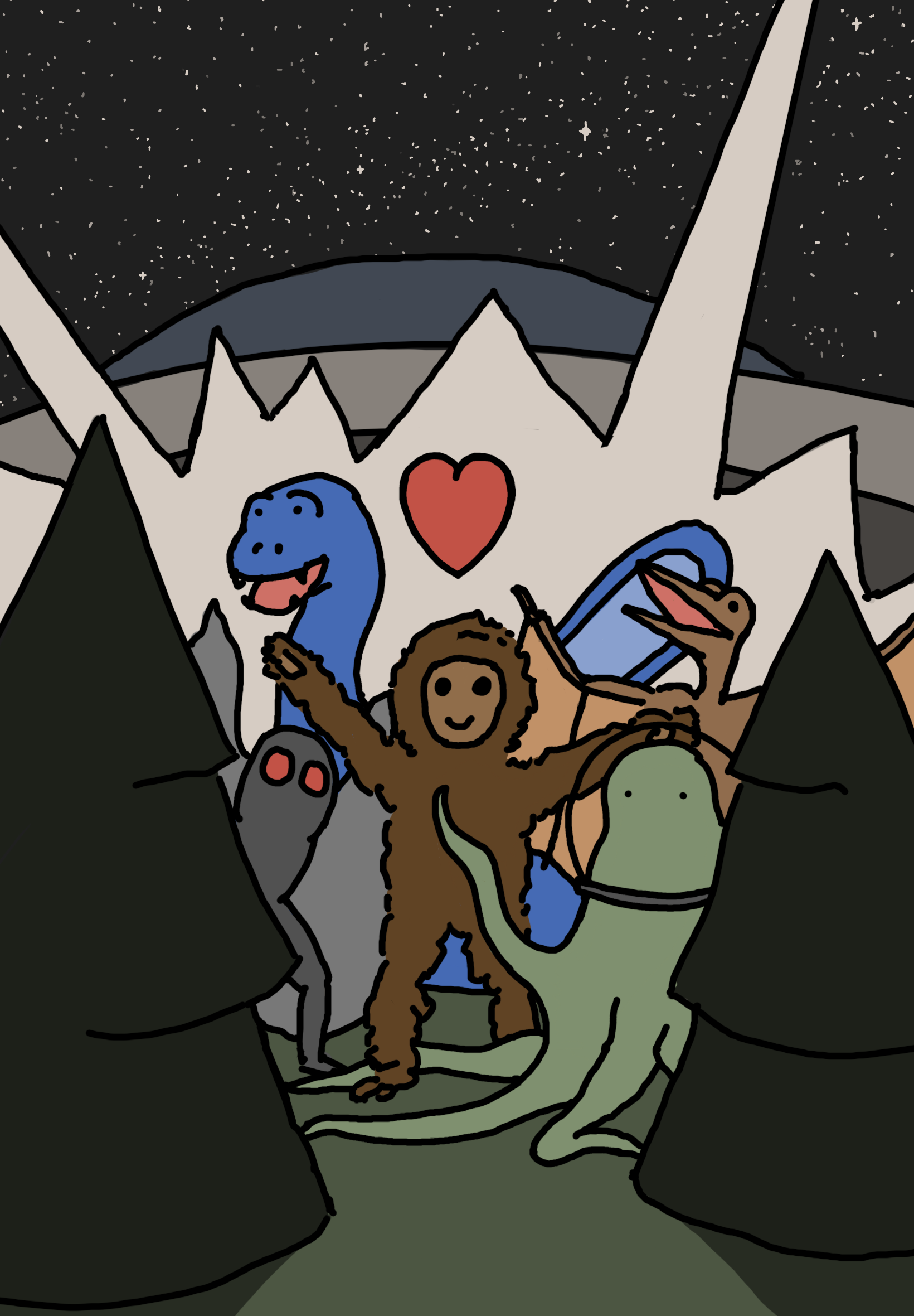 Simple poster used in the game UFO Chaser. A group of various cryptid creatures in a pine forest, with their arms up and heart over their heads <3.